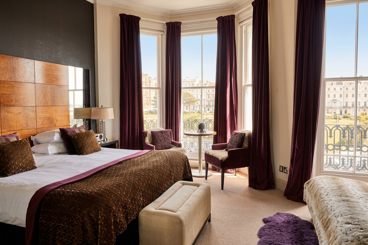 Hastings House bedroom with burgundy curtains, wood headboard and sea-view bay window