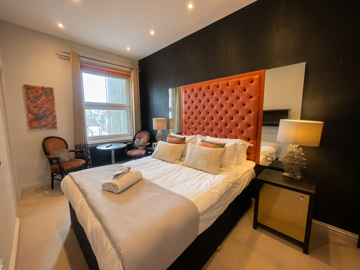 Hastings House bedroom with orange tufted headboard and dark feature wall