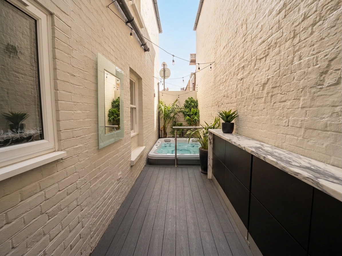 Hastings House courtyard hot tub in daylight
